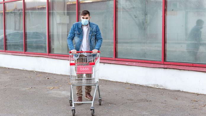 Coronavirus-Man-Mask-Empty-Store-Shopping-Cart